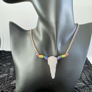 Sparkle cow skull necklace - clear crystals on head & bright crystals on horns